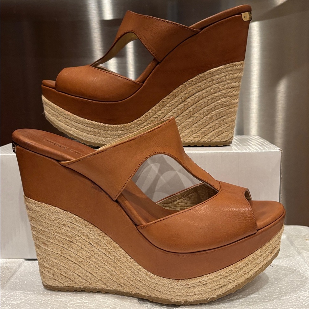 Jimmy Choo Tan Leather Espadrille Wedge Sandals - Picture 5 of 15